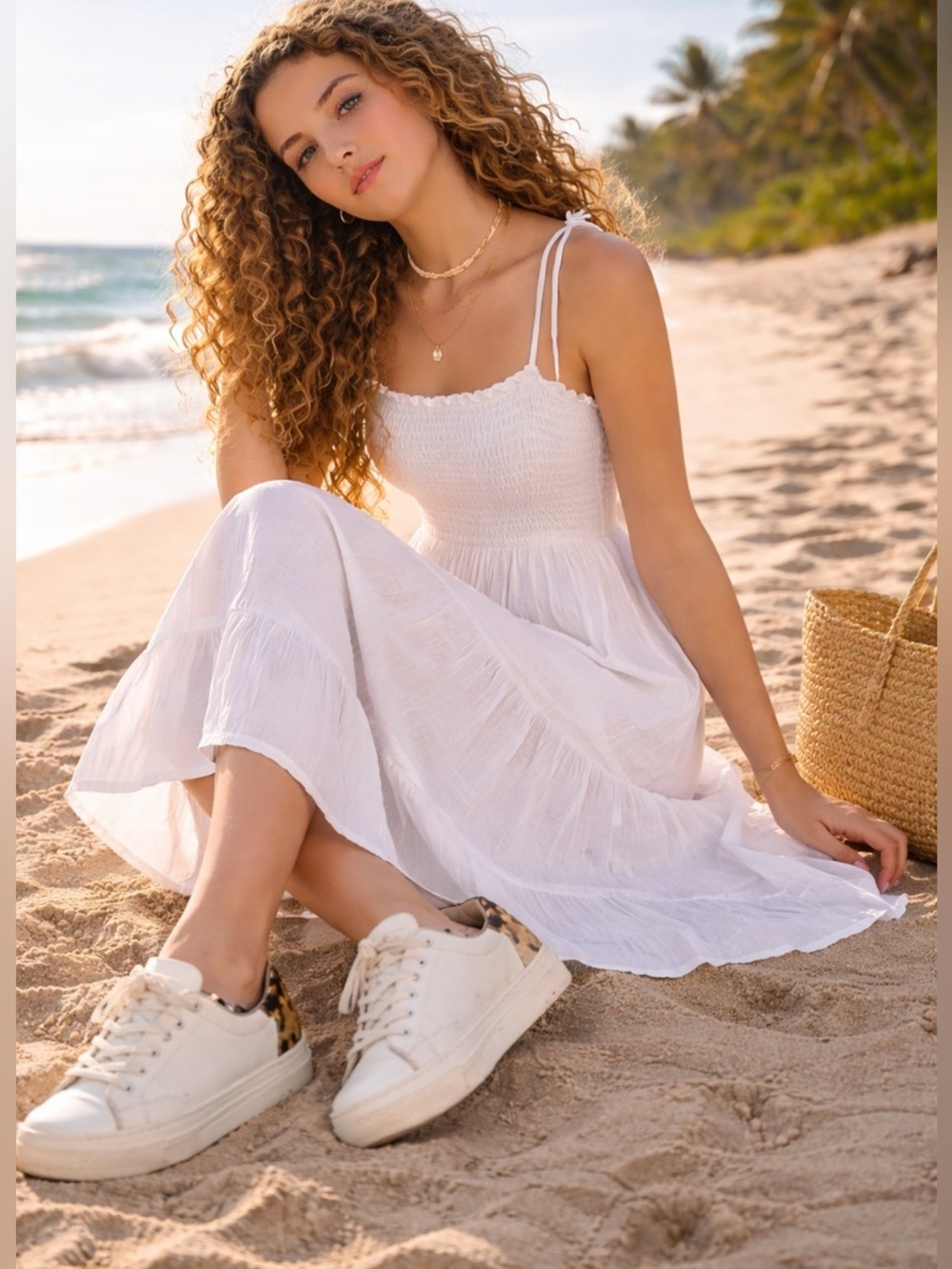 Able White Leather Sneakers with Leopard Heel Accent
